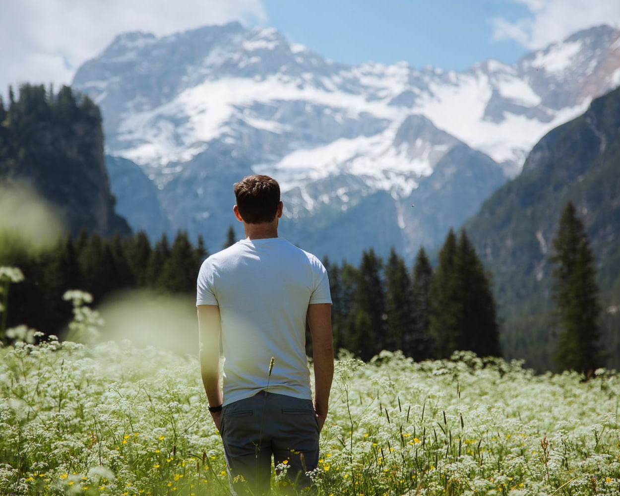 man stands in a field of flowers with huge mountains in the background