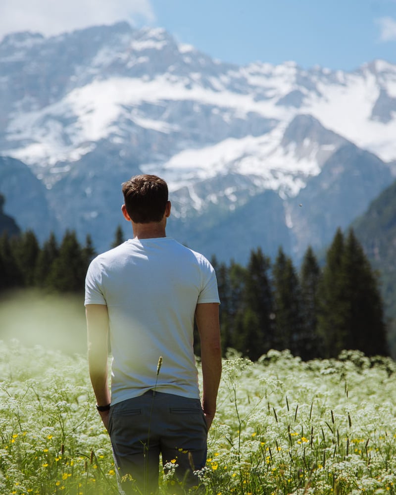 man stands in a field of flowers with huge mountains in the background