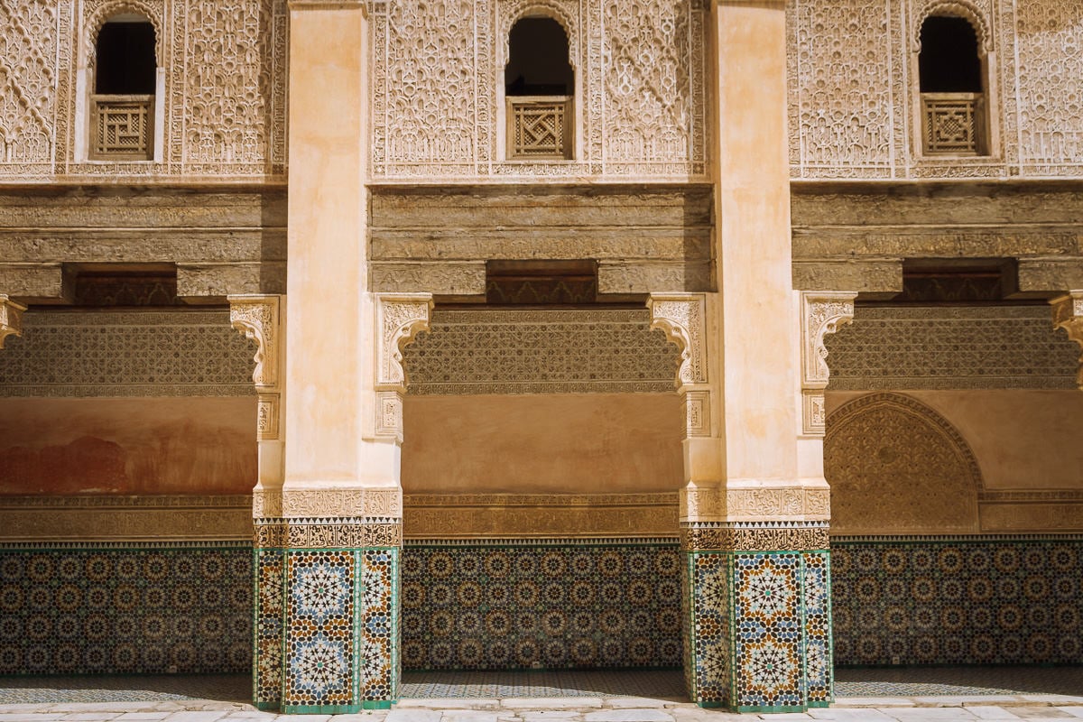 intricate tile work in the Marrakech madrasa