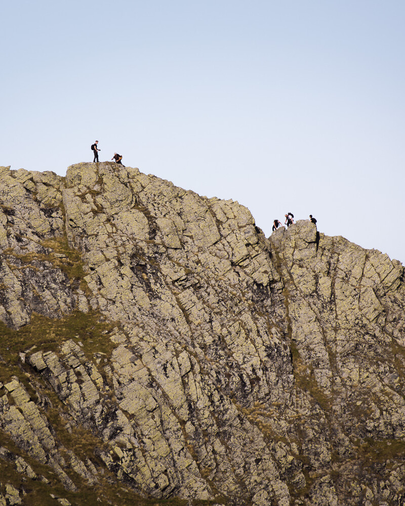 scramblers on a narrow ridge in the Lake District, Sharp Edge