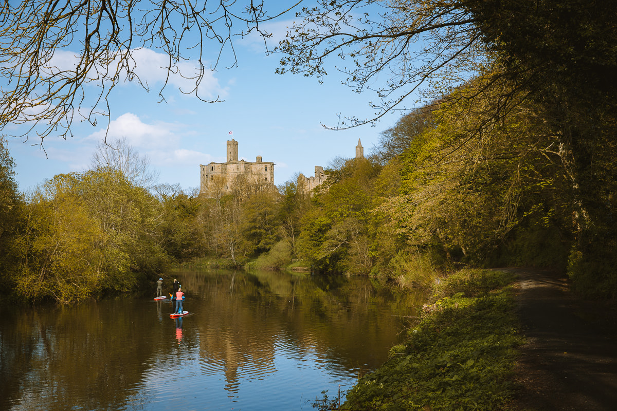 tranquil river surrounded by trees in front of an old castle