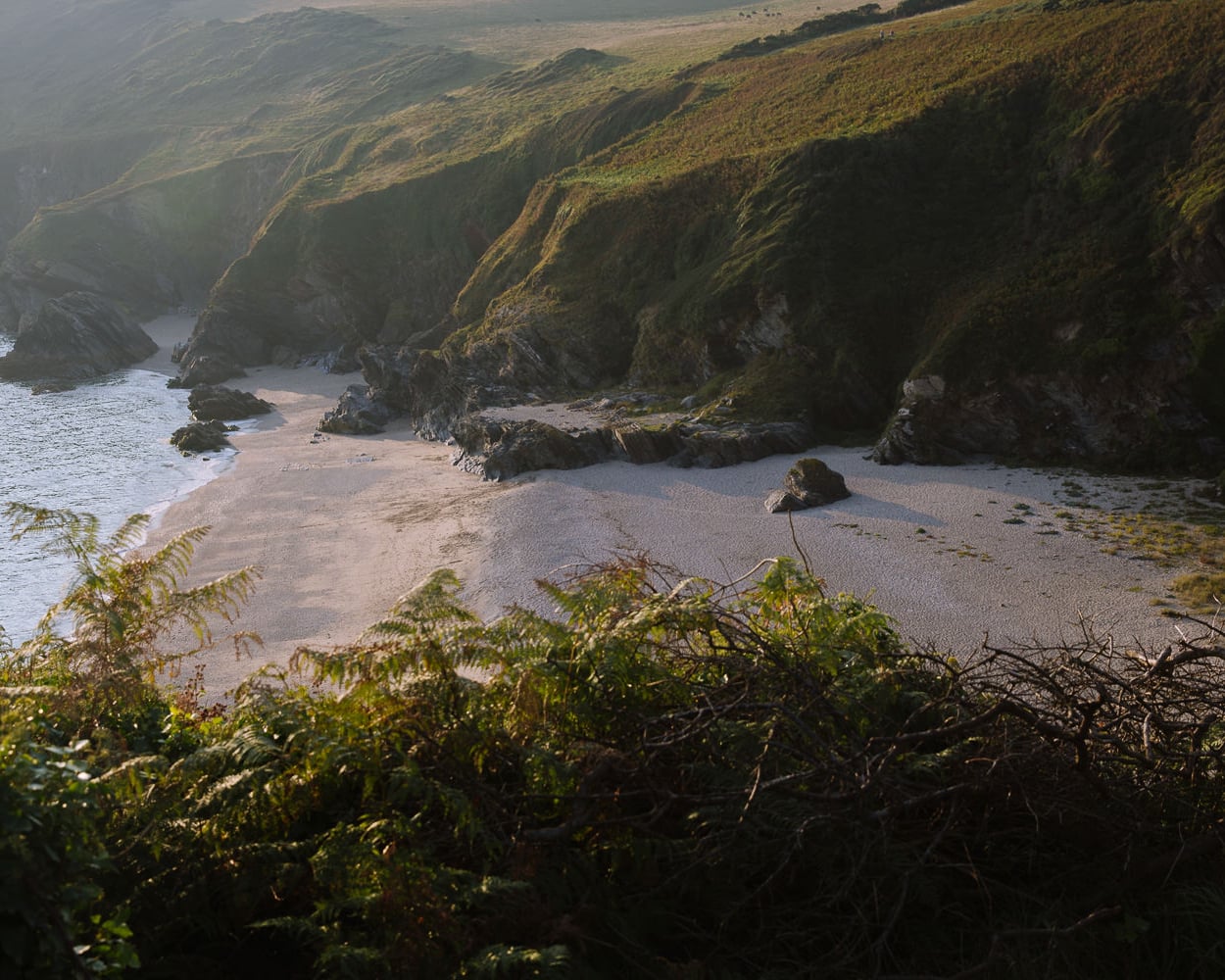A beautifully sandy beach surrounded by cliffs in late afternoon light.