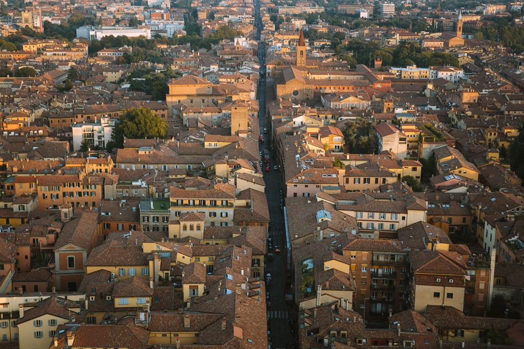 View of the roof terracotta tops top of Bologna from the tower