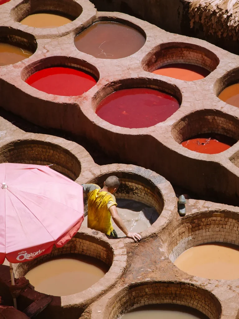 man standing in a vat in the tanneries of fez