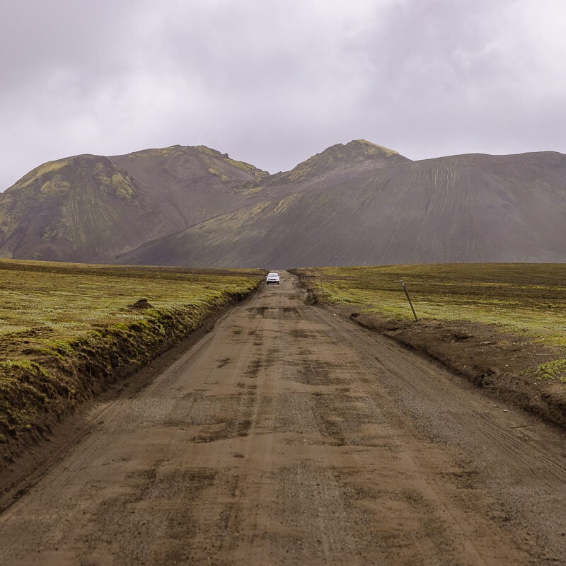 car driving to Landmannalaugar on gravel tracks