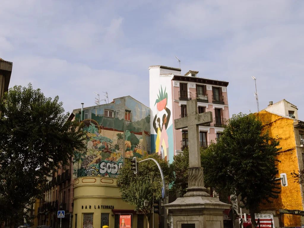 Colourful murals covering buildings in Madrid’s Malasaña neighbourhood.