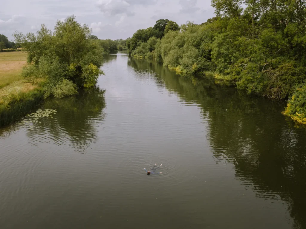 Aerial view of a lone wild swimmer in the River Thames at Clifton Hampden, with tree-lined banks, open meadows and lily pads visible on the water's surface