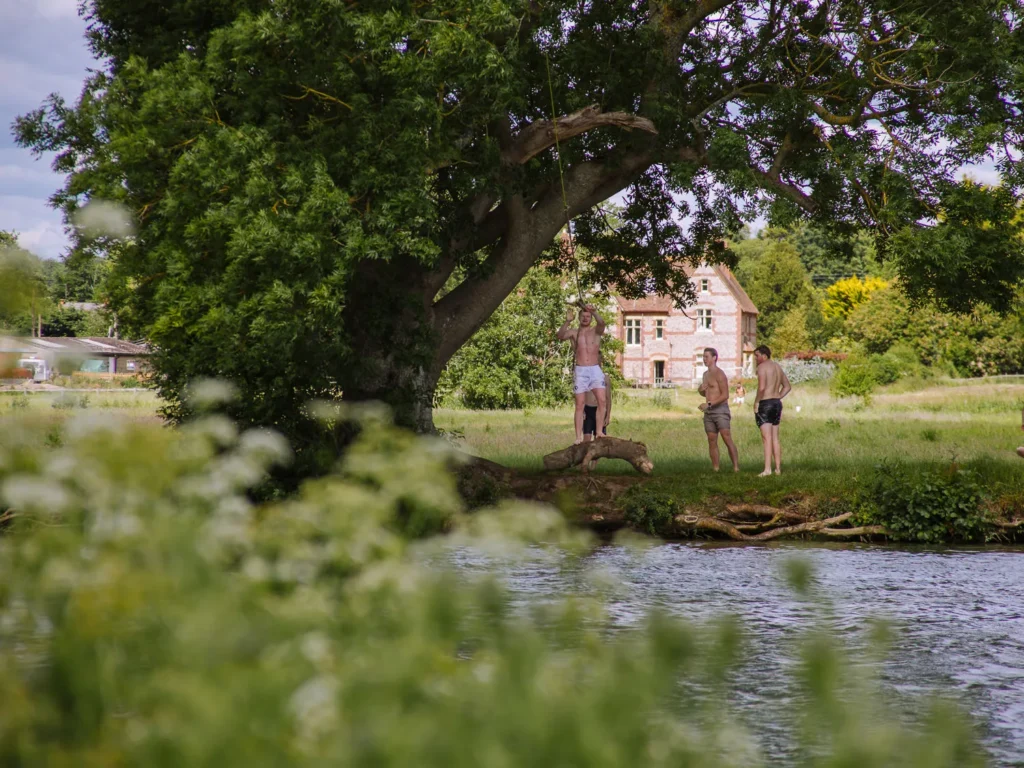 A group of swimmers gathered at a rope swing hanging from a large tree on the bank of the River Thames at Moulsford, with a red brick house and wildflowers in the foreground on a summer's day