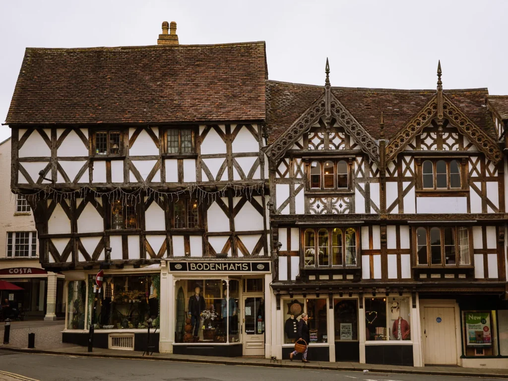 Ornate black-and-white timber-framed buildings on Broad Street in Ludlow