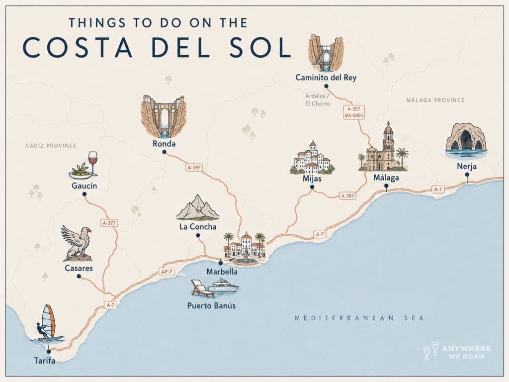 Illustrated map of the Costa del Sol showing Málaga, Caminito del Rey, Marbella, Puerto Banús, Nerja, Mijas, Ronda, Gaucín, La Concha, Casares and Tarifa, with icons highlighting key attractions and activities.