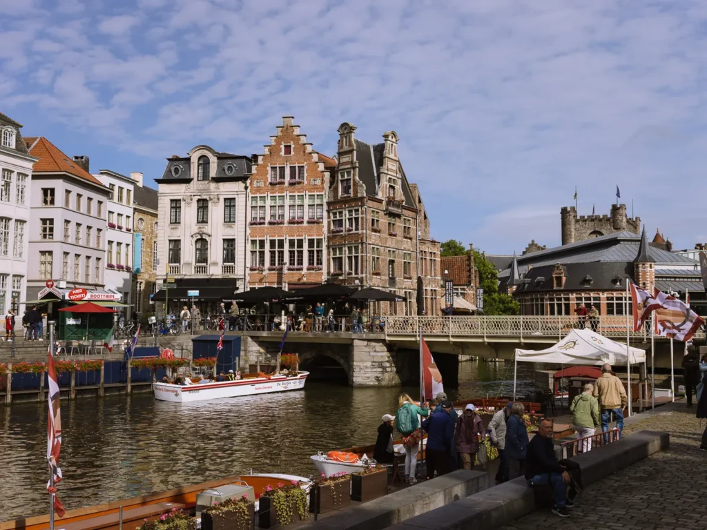 the picturesque canal side street of graslei in ghent, belgium