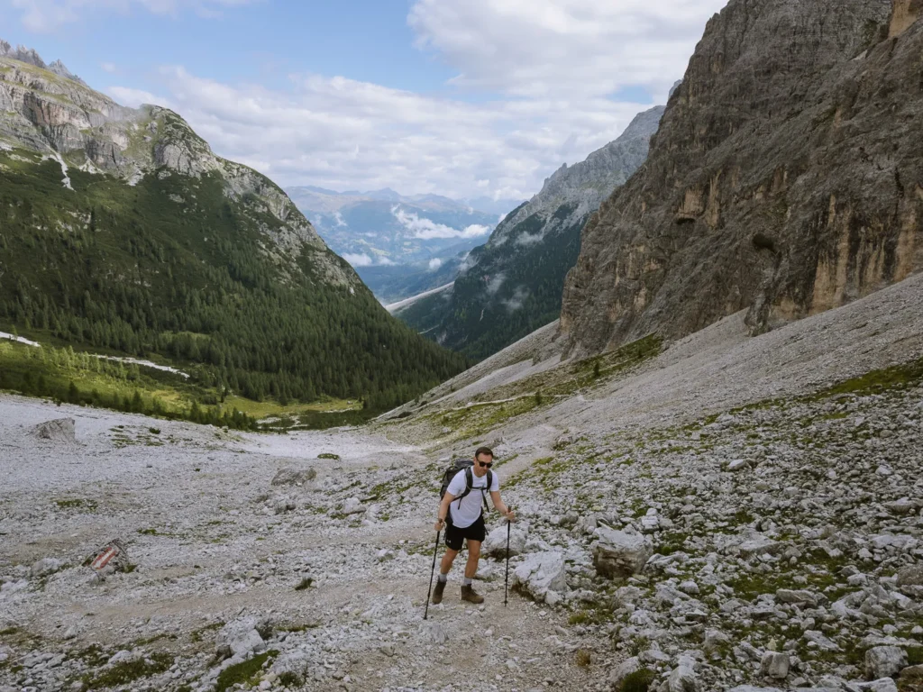 climbing up the scree at the Torre dei Scarperi hike