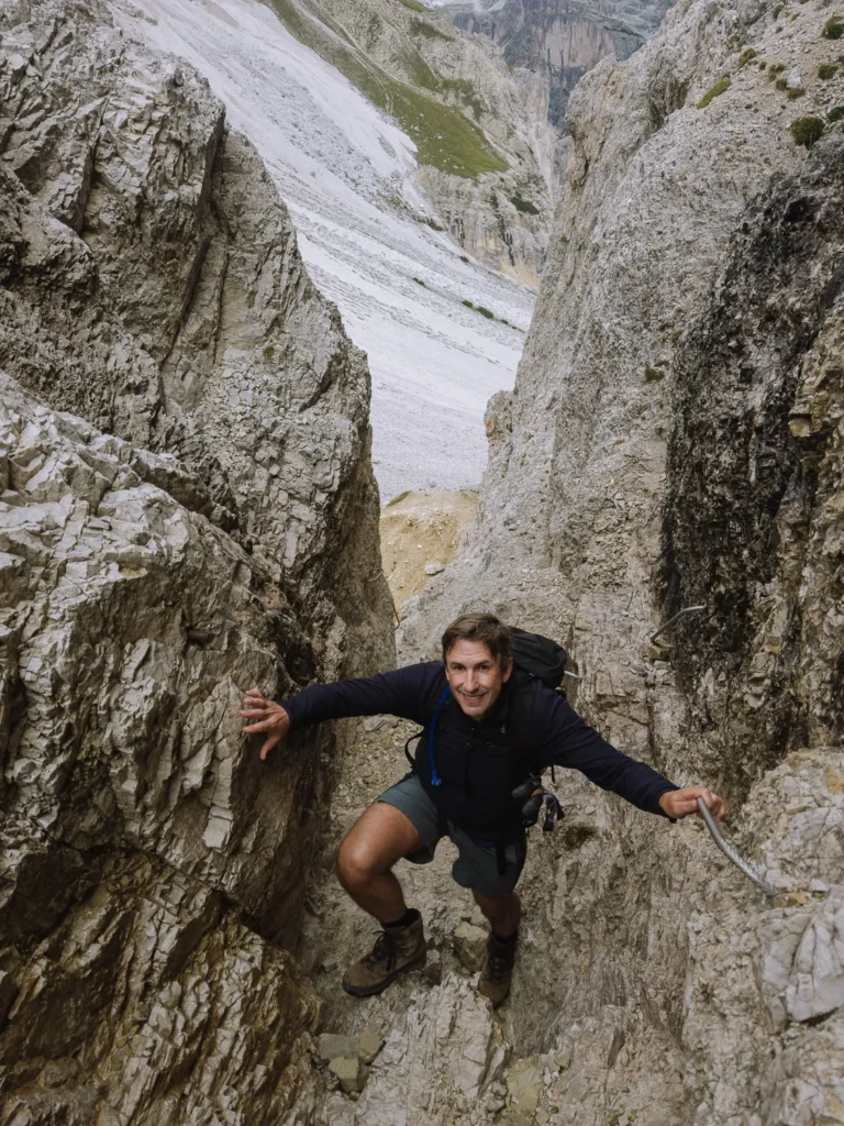 climbing the chiney section of the tre scarperi hike