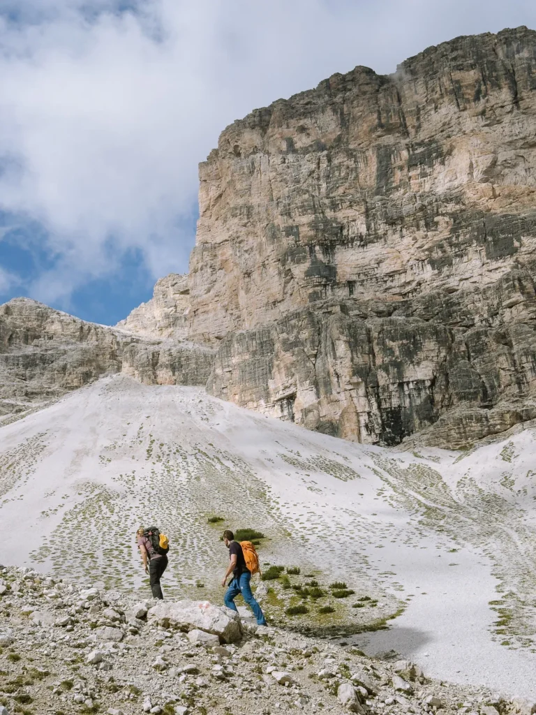 on the scree slopes near the top of the pass on the torre dei scarperi hike