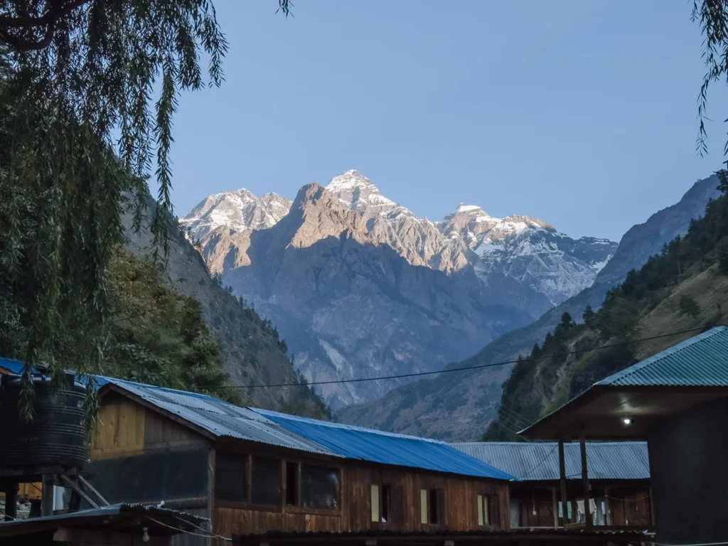 nepalese tea house with mountain views in the background