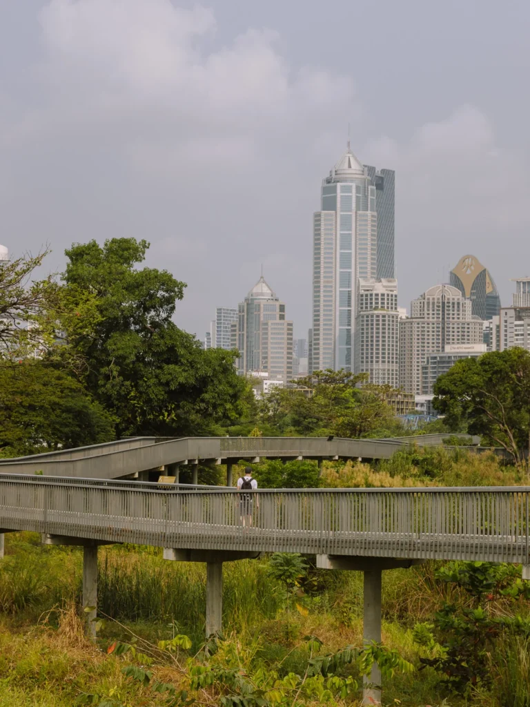 A visitor walks along an elevated wetland boardwalk at Benchakitti Forest Park, with the Bangkok skyline rising behind the trees.