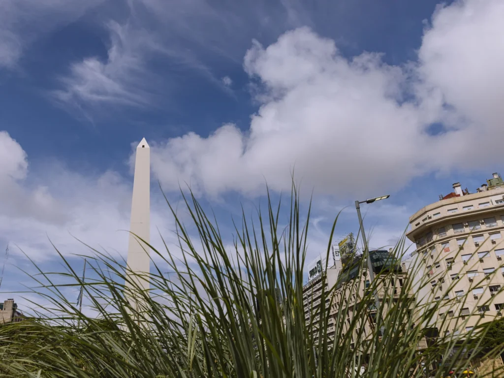 The El Obelisco monument rising above Avenida 9 de Julio in Buenos Aires, photographed from ground level through ornamental grasses against a bright blue sky with wispy clouds