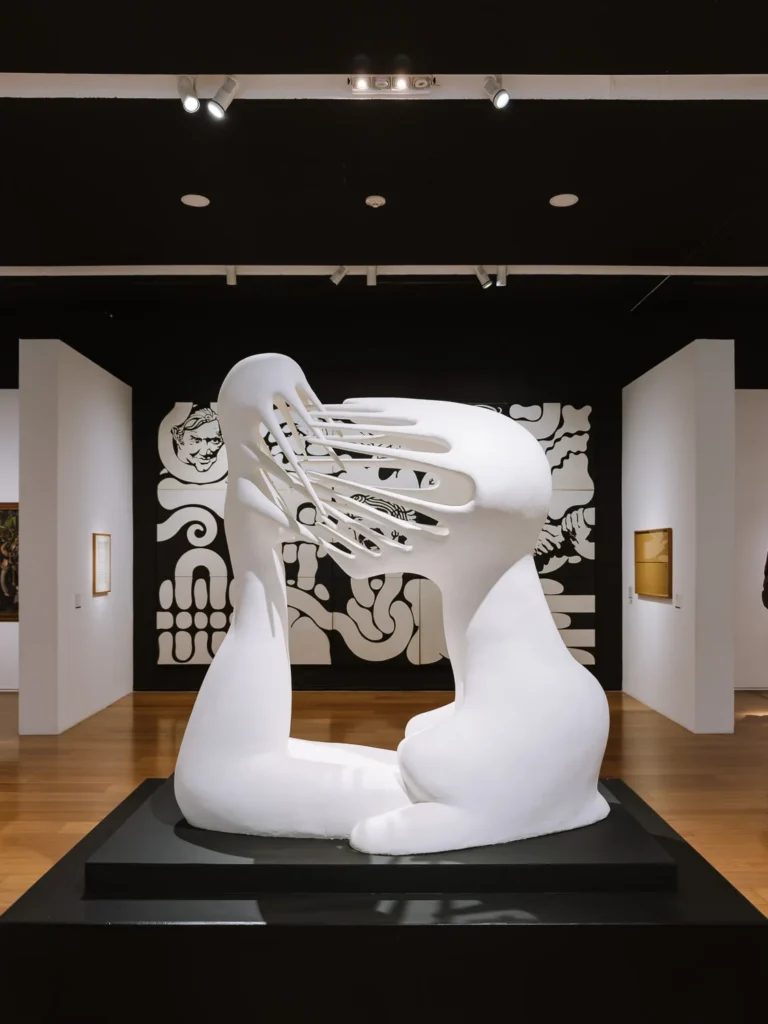 A large white abstract sculpture in the shape of two interlocking organic forms on display in a gallery at MALBA, Buenos Aires, with a bold black and white mural visible in the background