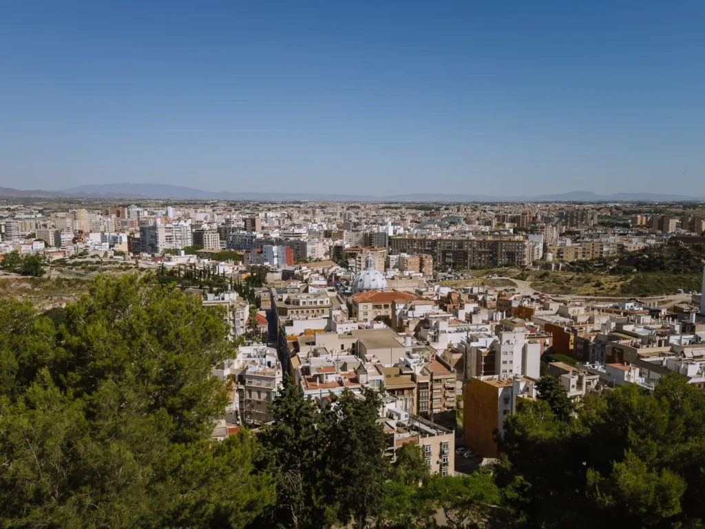 A panoramic view over the rooftops of Cartagena, Spain, taken from the hilltop Castillo de la Concepción, with pine trees in the foreground, a domed church visible among the terracotta rooftops, and the low hills of the Murcia region stretching to the horizon under a clear blue sky
