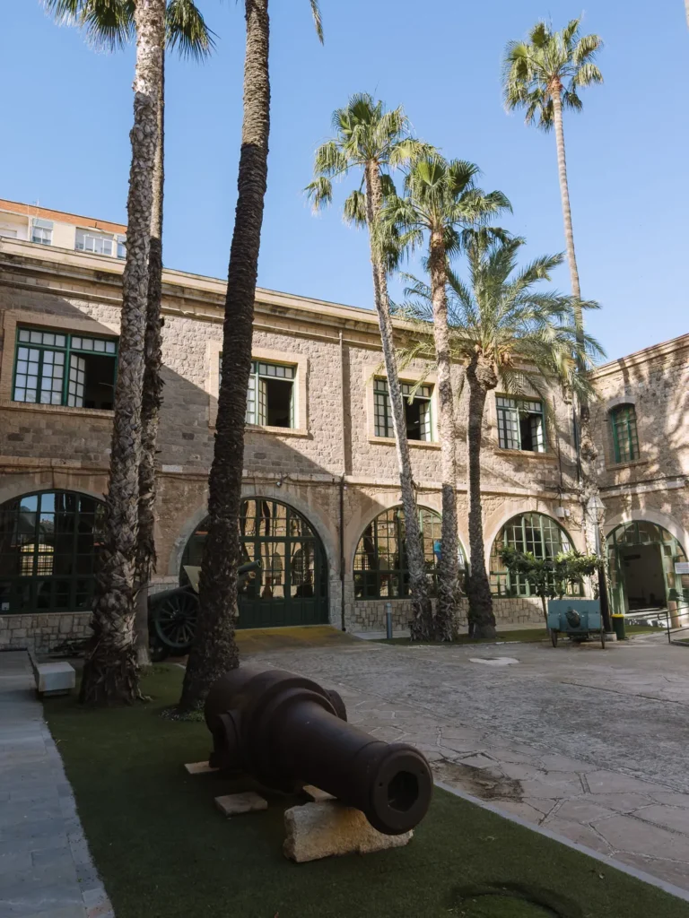 The central courtyard of the Museo Histórico Militar de Cartagena, Spain, with a cast iron cannon in the foreground, tall palm trees, and the arched stone facade of the 18th-century Real Parque y Maestranza de Artillería building under a clear blue sky