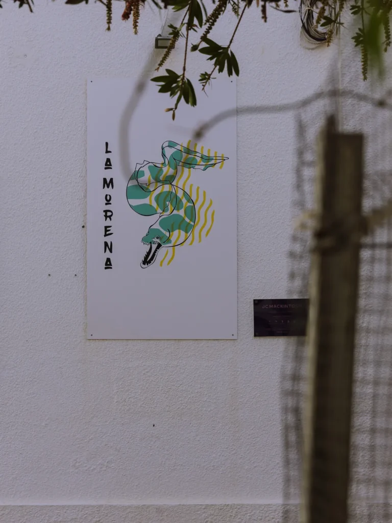 A white illustrated sign for La Morena restaurant mounted on a white wall in Tarifa, featuring a green and yellow moray eel graphic with the name written vertically in bold lettering, with leafy branches overhanging from above