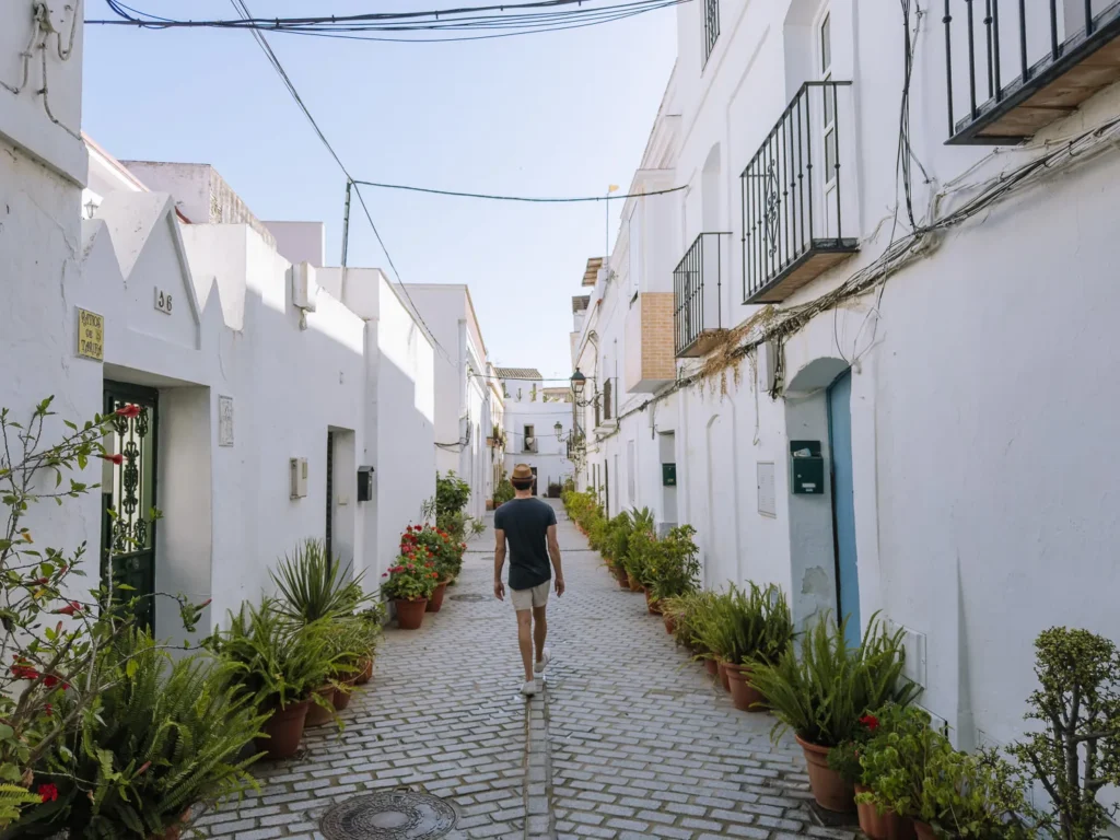 A man in a straw hat and shorts walking away from the camera down a narrow white-washed cobblestone alley in Tarifa's old town, lined with terracotta pots of ferns, geraniums, and cacti