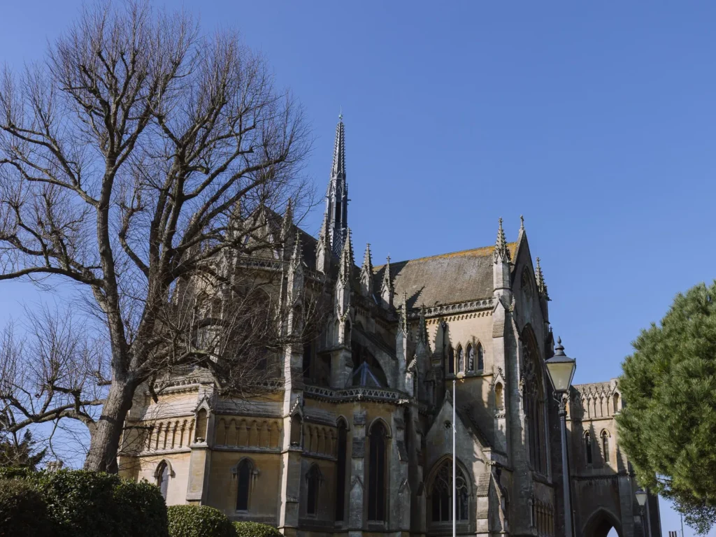 Side view of Arundel Cathedral’s Gothic Revival stone exterior and tall ornate spire, framed by a leafless tree and evergreen foliage against a clear blue sky.