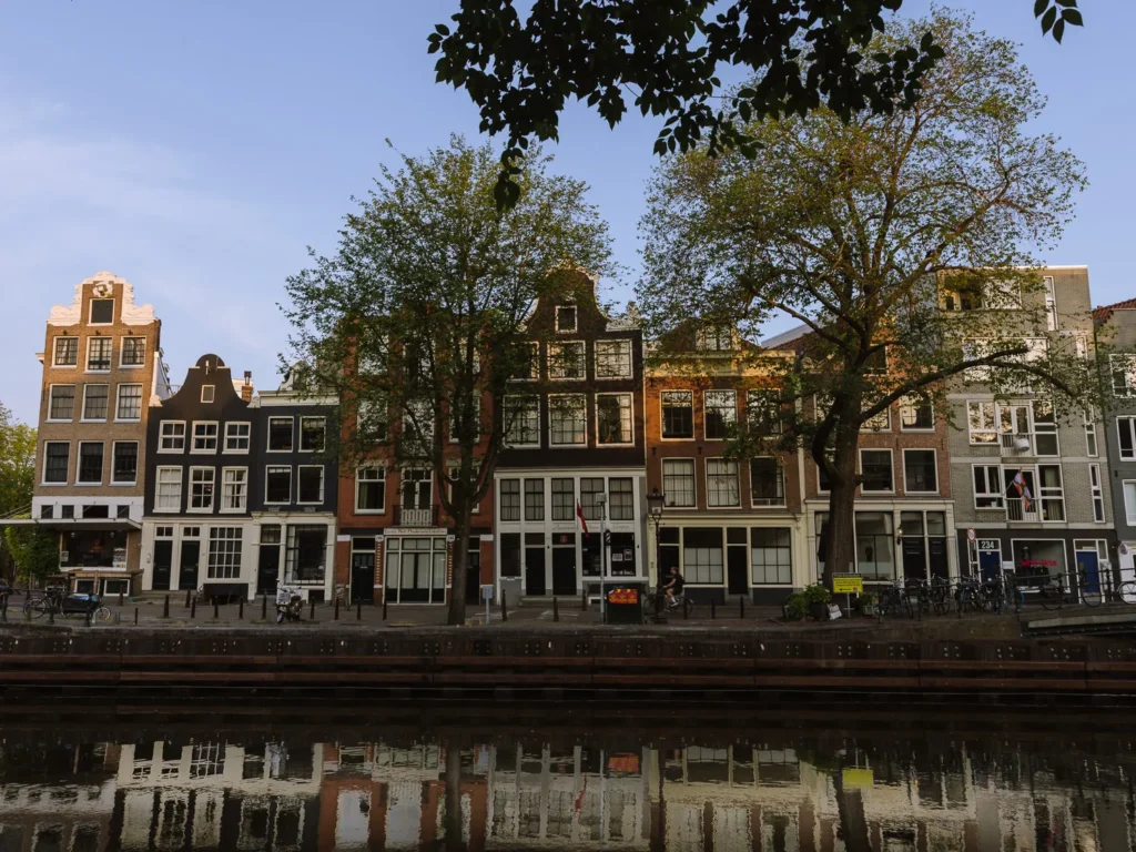 Tall canal houses with large trees along a quiet Amsterdam canal, reflected in the water at sunset