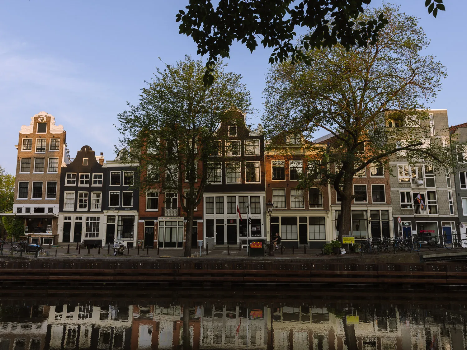 Tall canal houses with large trees along a quiet Amsterdam canal, reflected in the water at sunset