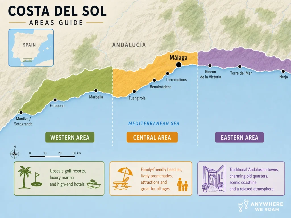 Map of the Costa del Sol showing the western, central and eastern areas, with key towns including Málaga, Marbella, Estepona and Nerja.