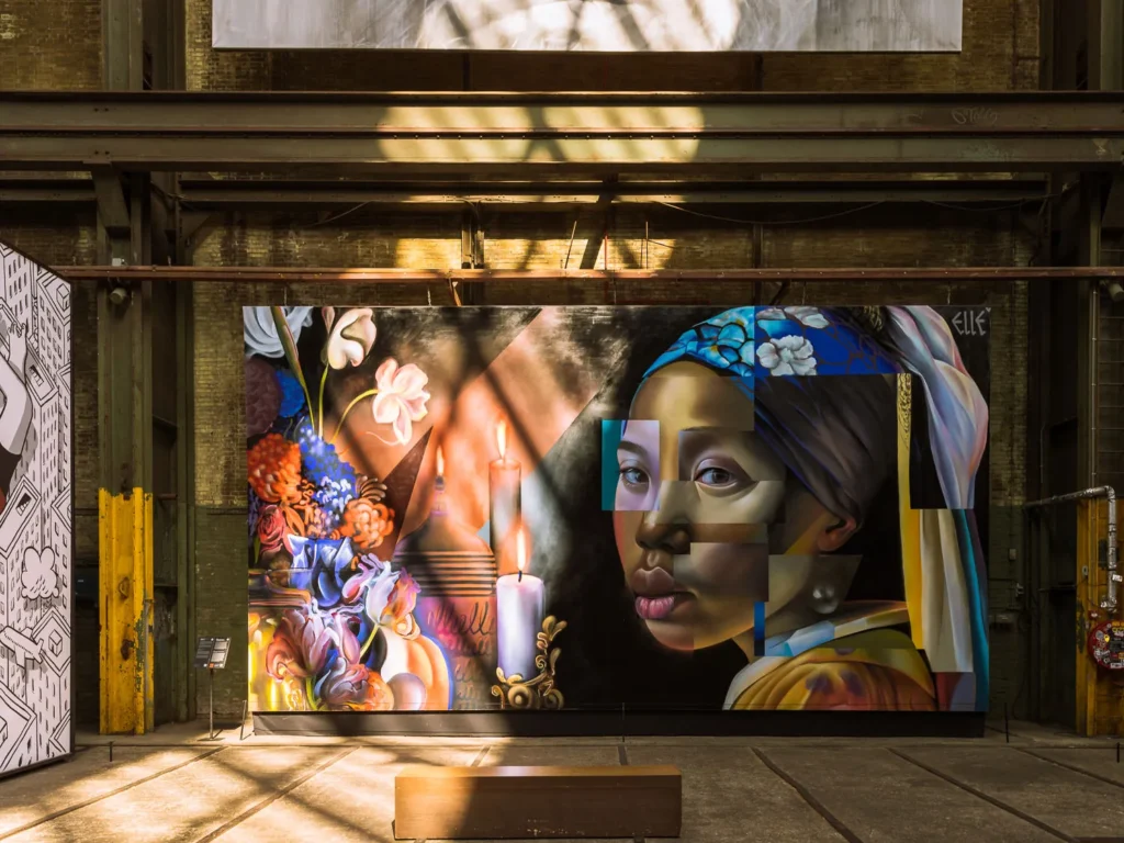 Contemporary street-art interpretation of Girl with a Pearl Earring at STRAAT Museum in Amsterdam