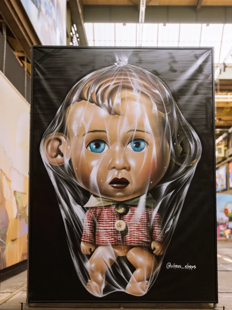 Street-art painting of a doll wrapped in clear plastic at STRAAT Museum in Amsterdam